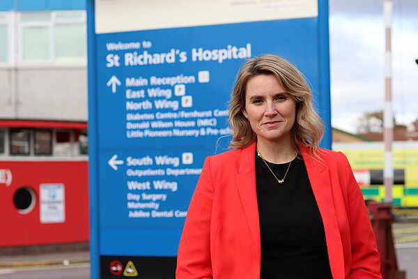 Jess Brown-Fuller, MP for Chichester, outside St Richard's hospital